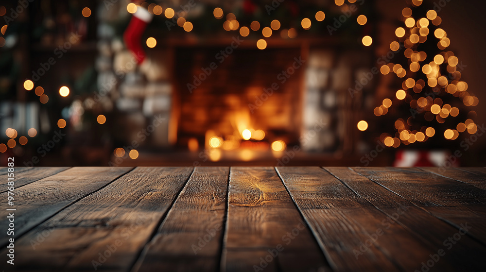 a wooden table with a a fireplace in the background and a festively decorated living room a wooden table with a a fireplace in the background and a festively decorated living room
