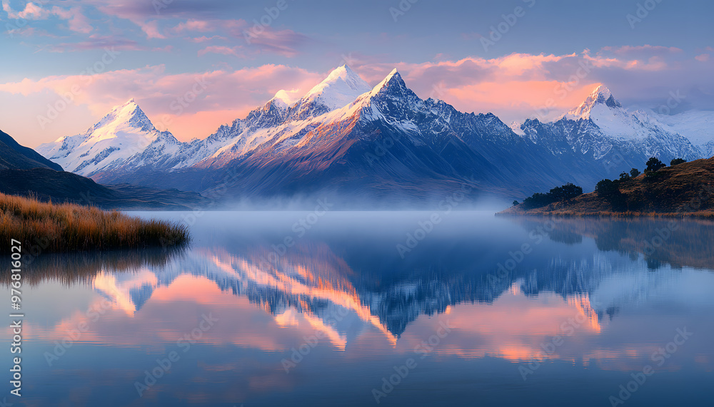 Nature Bliss: A serene mountain landscape with a lake reflecting the snowy peaks at sunrise Nature Bliss: A serene mountain landscape with a lake reflecting the snowy peaks at sunrise