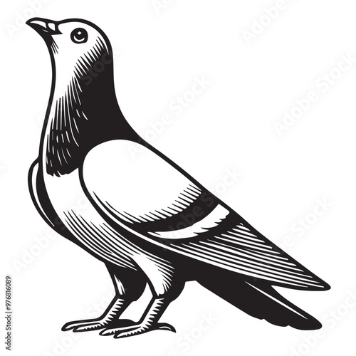 Domestic pigeon Outline Clipart -  Columbidae Bird Vector illustration in black and white 