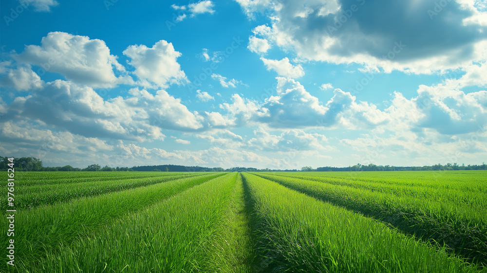 Fototapeta premium Fresh green rice growing in a field under a bright sky. Agricultural landscape