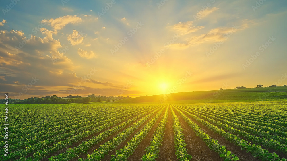 Fresh green plants growing in a field at sunrise. Agricultural landscape Fresh green plants growing in a field at sunrise. Agricultural landscape