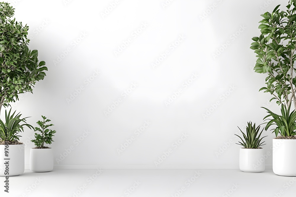 A minimalist interior featuring potted plants against a white wall. A minimalist interior featuring potted plants against a white wall.