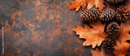 autumnal background with brown leaves and pine cones photo