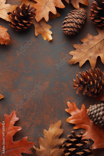 autumnal background with brown leaves and pine cones photo