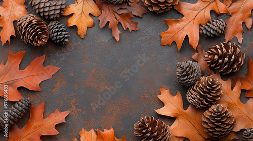 autumnal background with brown leaves and pine cones photo