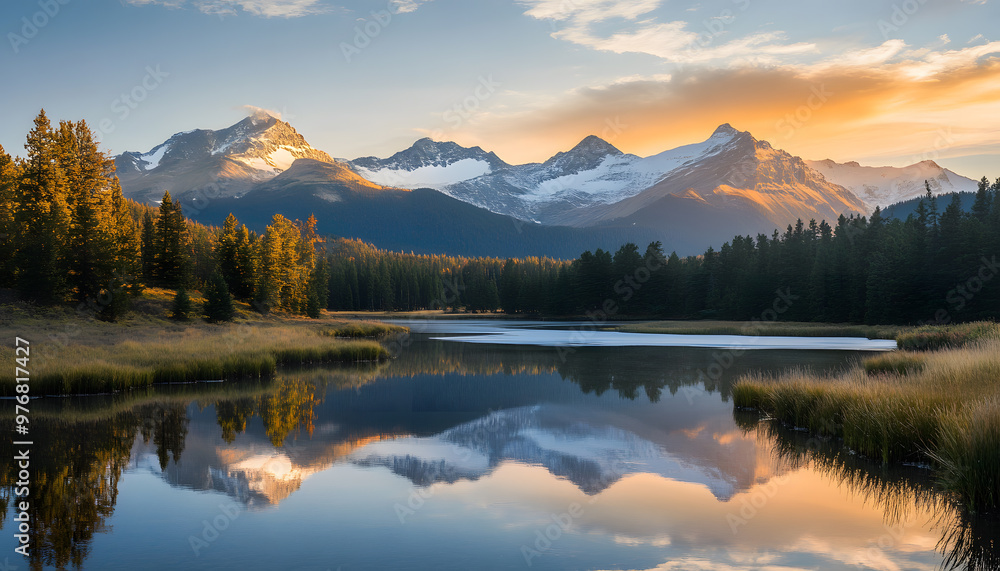 Obraz premium Nature Bliss: A serene mountain landscape with a lake reflecting the snowy peaks at sunrise