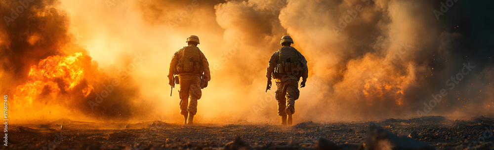 “ Soldiers Walking in the Desert with Smoke from Explosions in the Background”
“ Soldiers Walking in the Desert with Smoke from Explosions in the Background”