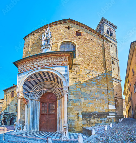 Gate of White Lions and Basilica of Santa Maria Maggiore panorama, Bergamo, Italy photo