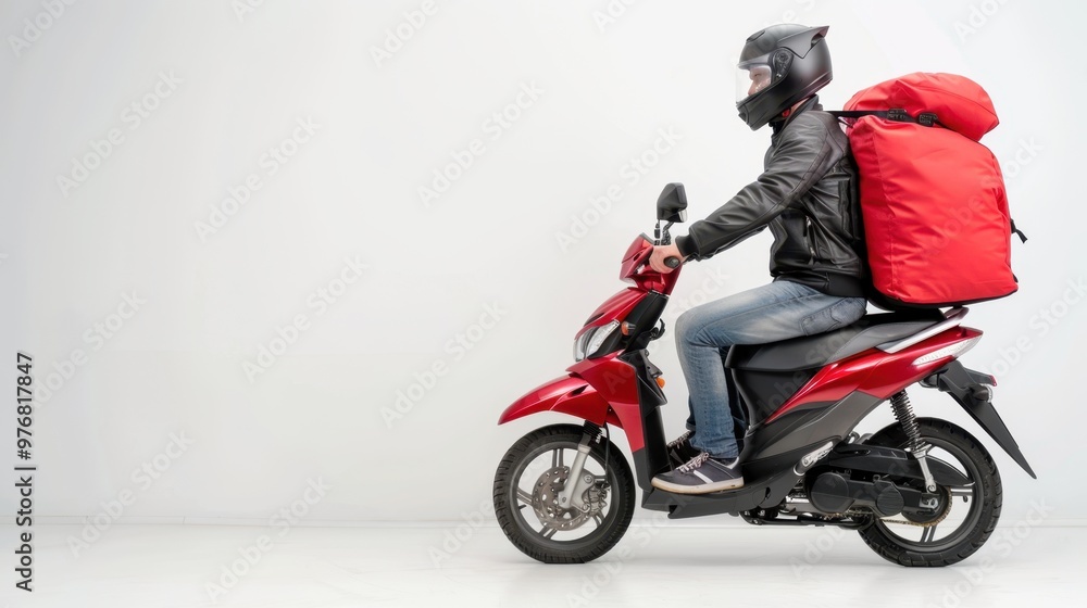 Courier on scooter with parcel bag isolated on white background Courier on scooter with parcel bag isolated on white background