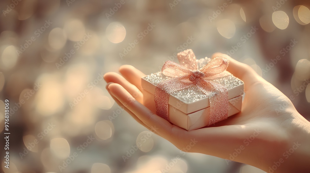 Elegant Hand with a Tiny Jewelry Gift Box: A hand delicately holding a small, elegant jewelry box with a sparkling ribbon, set against a soft-focus background.
Elegant Hand with a Tiny Jewelry Gift Box: A hand delicately holding a small, elegant jewelry box with a sparkling ribbon, set against a soft-focus background.