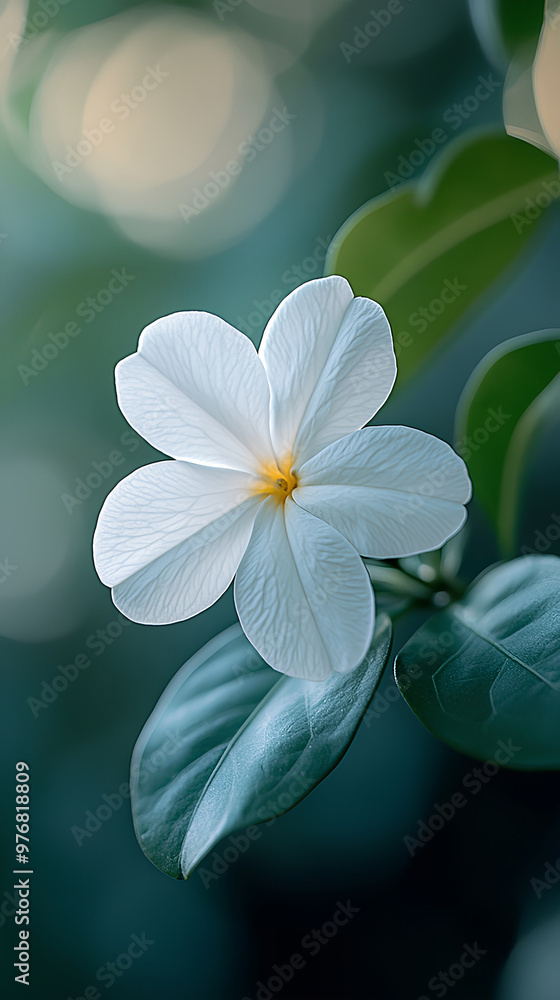 Close-up of white flower in natural light, delicate petals, green leaves, peaceful floral scene, soft focus, nature photography