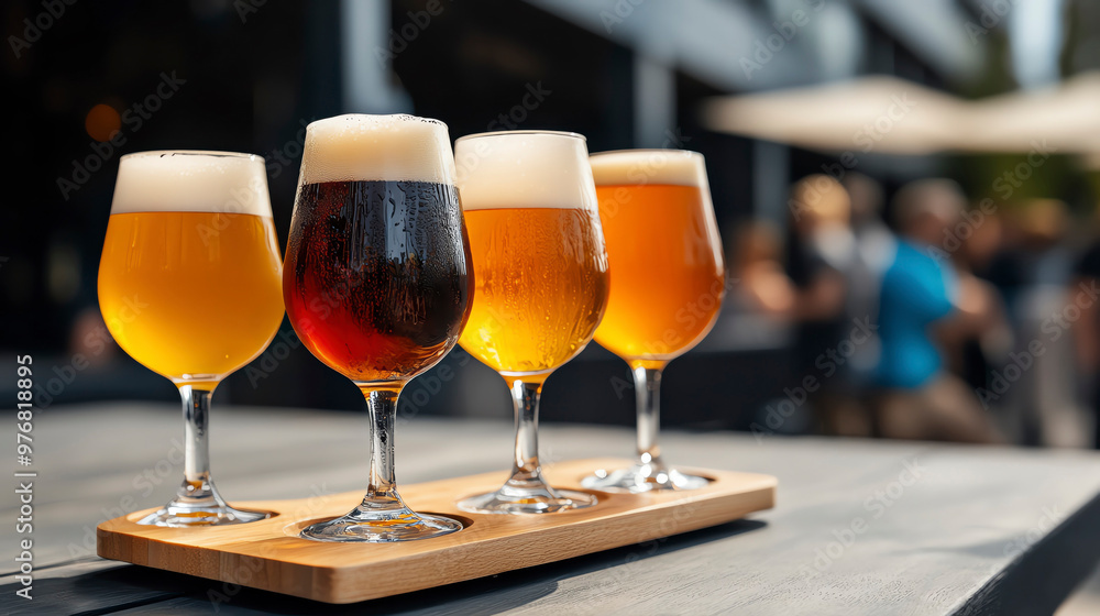 A flight of four distinct beer styles showcased in elegant glasses, perfect for tasting and enjoying in a lively outdoor setting. A flight of four distinct beer styles showcased in elegant glasses, perfect for tasting and enjoying in a lively outdoor setting.