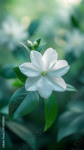 Close-up of white flower in natural light, delicate petals, green leaves, peaceful floral scene, soft focus, nature photography