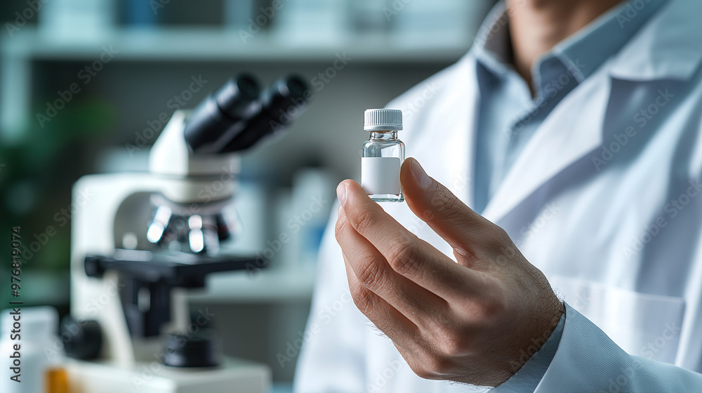Scientist in lab coat holding vial of experimental drug, with microscope and scientific equipment, symbolizing drug trials and medical research process. Scientist in lab coat holding vial of experimental drug, with microscope and scientific equipment, symbolizing drug trials and medical research process.