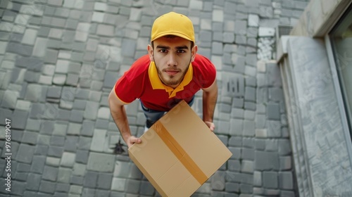 Courier holding a parcel stands in front of a door and talks on a video intercom looking at the camera photo