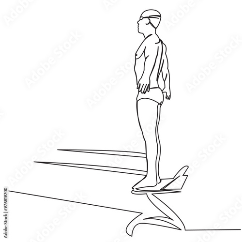 One continuous single drawing line art doodle jump, swimmer, sport, man, water. Isolated image hand draw contour on a white background
