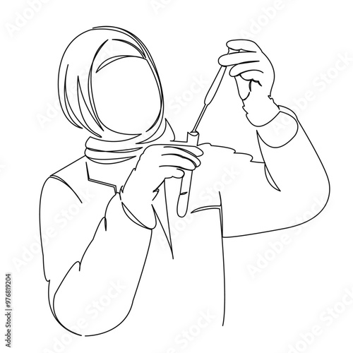 One continuous single drawing line art doodle muslim, research, scientist, science, female. Isolated image hand draw contour on a white background
