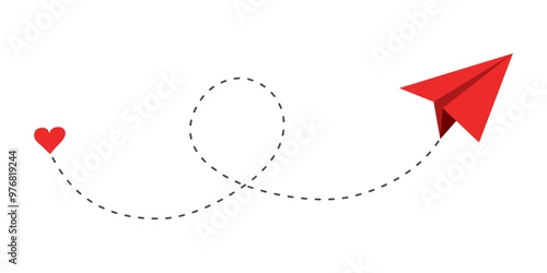 Paper plane red dashed line doodle sketch style drawing. Path way, follow idea. Business or travel design element. Paper aeroplane