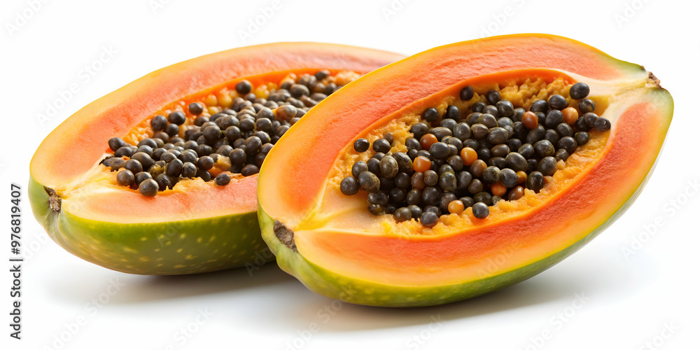 Close-up of a halved ripe papaya with seeds on a white background , papaya, fruit, tropical, ripe, healthy, juicy, sweet Close-up of a halved ripe papaya with seeds on a white background , papaya, fruit, tropical, ripe, healthy, juicy, sweet
