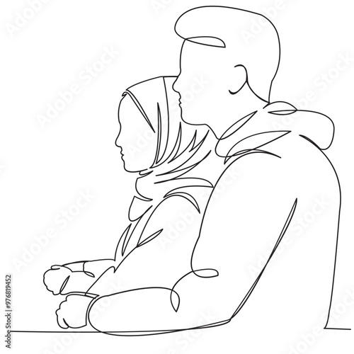 One continuous single drawing line art flat doodle muslim, couple, love, beautiful, people. Isolated image hand draw contour on a white background
