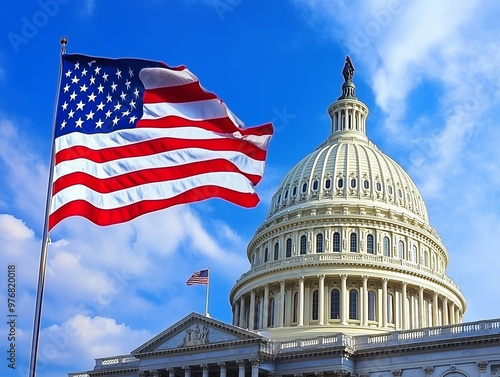  U.S. Capitol Dome with American Flag Waving: 2024 Elections and National Independence
