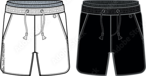 SWEAT SHORTS design template flat sketch. Elastic waist shorts vector illustration.
