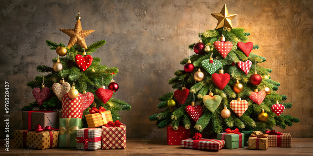 Christmas tree adorned with patchwork ornament, gold star, hearts, and presents for New Year 2019 celebration, Christmas tree Christmas tree adorned with patchwork ornament, gold star, hearts, and presents for New Year 2019 celebration, Christmas tree