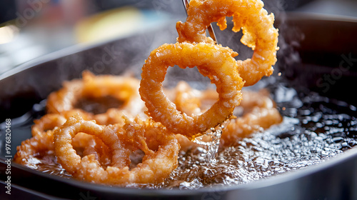 Fried calamari rings sizzling in hot oil, being lifted out of the fryer photo