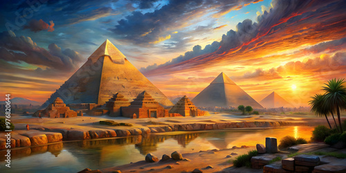 Oil painting on canvas featuring a view of the pyramid of Egypt at sunset with Big Ben in the background, oil painting, canvas photo