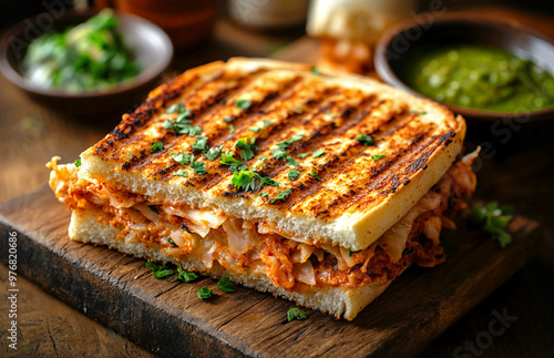 Grilled sandwich served with chutney.