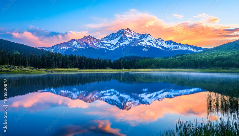 Nature Bliss: A serene mountain landscape with a lake reflecting the snowy peaks at sunrise Nature Bliss: A serene mountain landscape with a lake reflecting the snowy peaks at sunrise