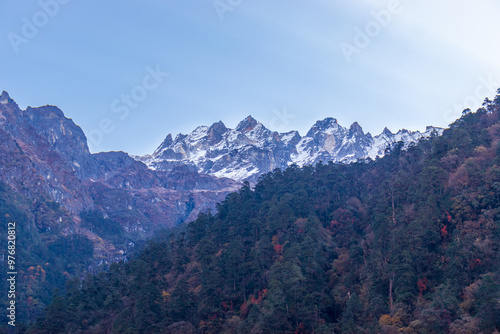 A stunning view of snow-capped Himalayan peaks from Sikkim, India, with forested slopes in the foreground and a clear blue sky. Perfect for nature, travel, and scenic landscape themes.