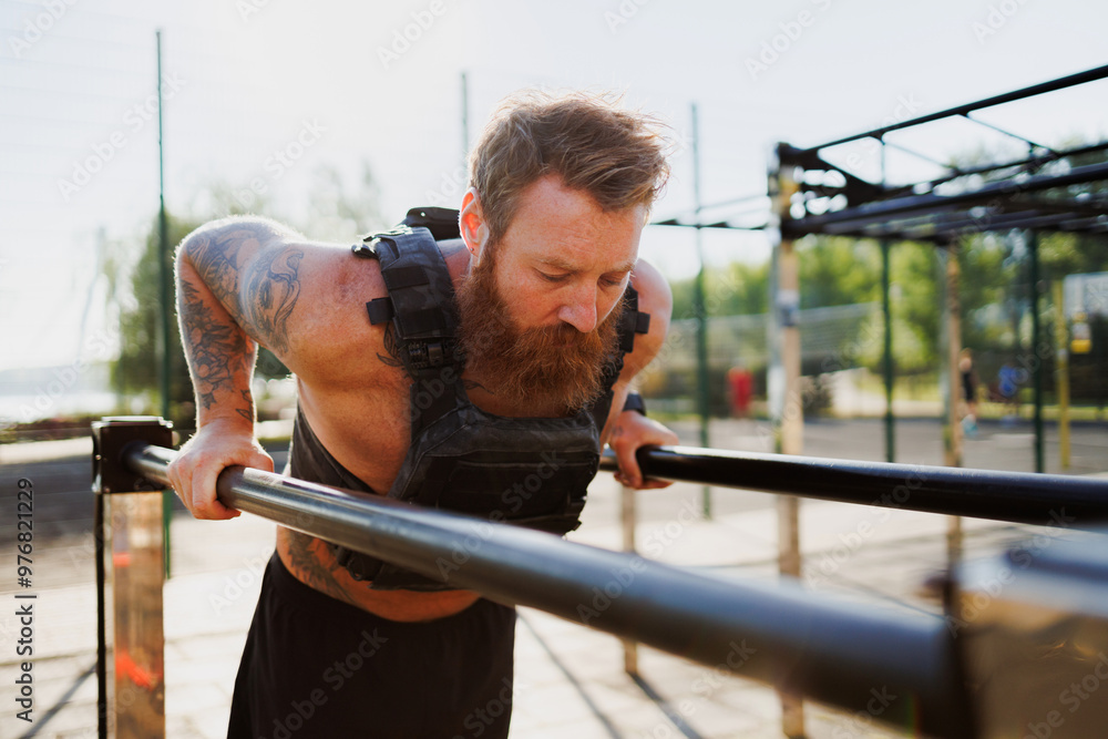 Muscular sportsman in weighted vest working out at outdoor gym Muscular sportsman in weighted vest working out at outdoor gym