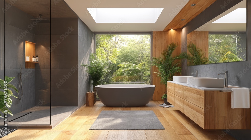Fototapeta premium Modern Bathroom Interior Design with Freestanding Tub Skylight and Large Window