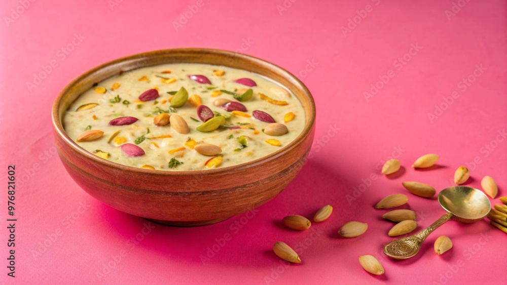 Delicious indian dessert kheer in wooden bowl with pistachios and nuts on pink background Delicious indian dessert kheer in wooden bowl with pistachios and nuts on pink background