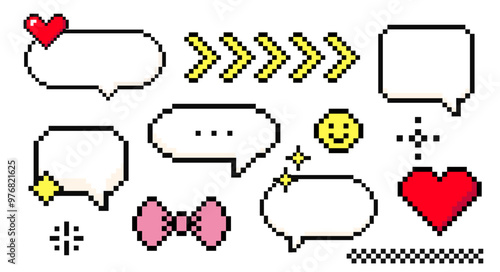 Set of pixel art cloud bubble quote box speech bubble dialog retro 8 bit arcade game interface, manga. Comic chat rectange pixel elements, arrow, star, heart.