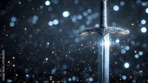 A Close-Up of an Ornate Sword with a Glowing Tip Against a Dark Background with Bokeh Lights