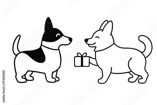 one dog corgi is giving a gift to other dog