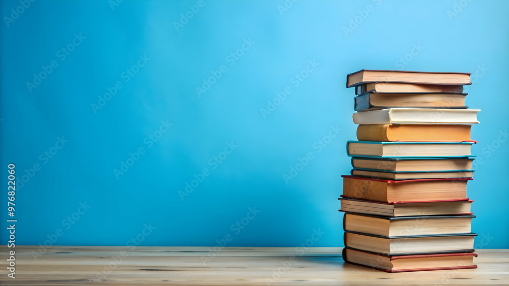 Fototapeta premium Bundle of various books with a blue background , education, reading, stack, literature, collection, study, knowledge
