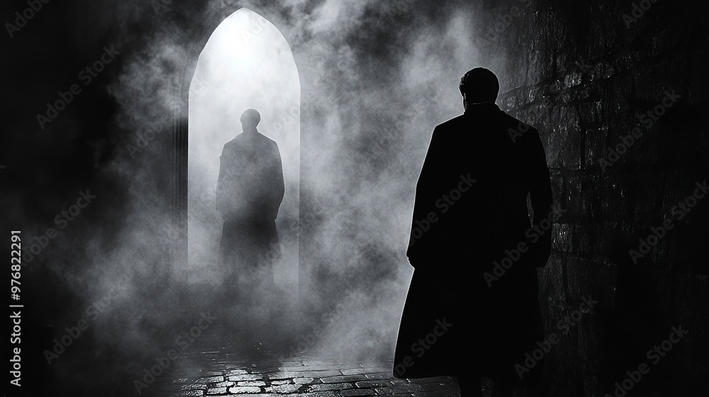 Fototapeta premium Silhouette of Dracula emerges a mysterious figure