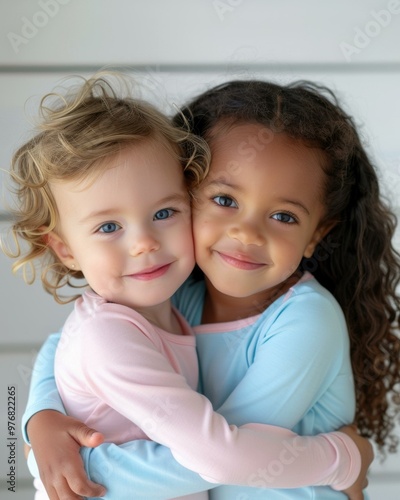 Two little girls hugging each other. AI.