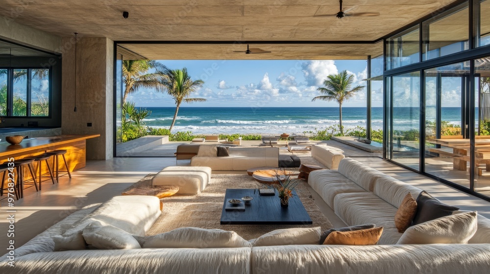 Fototapeta premium Modern Beach House Interior Design With Ocean View