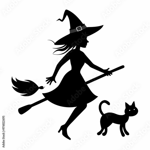 Witch with a broom and kitty fly on a broom. Vector illustrations of a Halloween silhouette witch and a cat flying on a broomstick  silhouette on a white background 