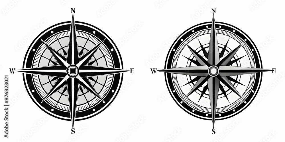 Pack of black compass icons for cardinal directions, compass, east ...