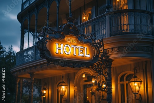 Illuminated Hotel Sign at Night photo