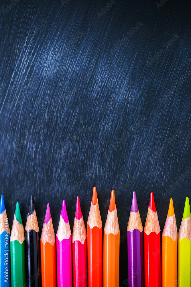 Colorful pencils in front of a blank blackboard. Back to school concept. Education banner Colorful pencils in front of a blank blackboard. Back to school concept. Education banner