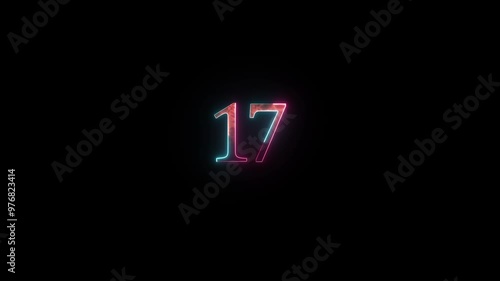 Modern flickering neon number 17 animation . 17 number glow in the dark neon light. photo