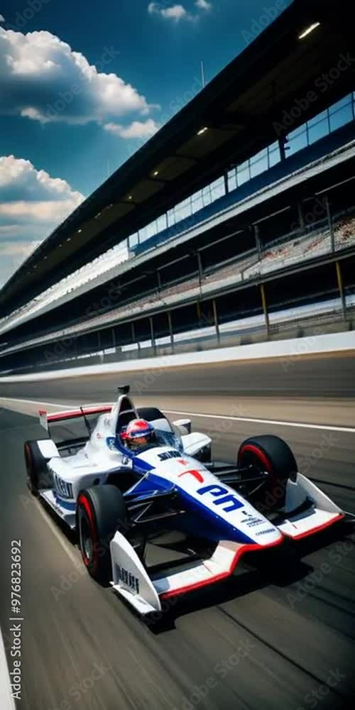 Photo of an Indy car with white and blue livery, driving on the Indianapolis Motor Speedway track, shot from the front-left side, Generative AI Photo of an Indy car with white and blue livery, driving on the Indianapolis Motor Speedway track, shot from the front-left side, Generative AI