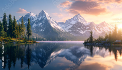 Nature Bliss: A serene mountain landscape with a lake reflecting the snowy peaks at sunrise