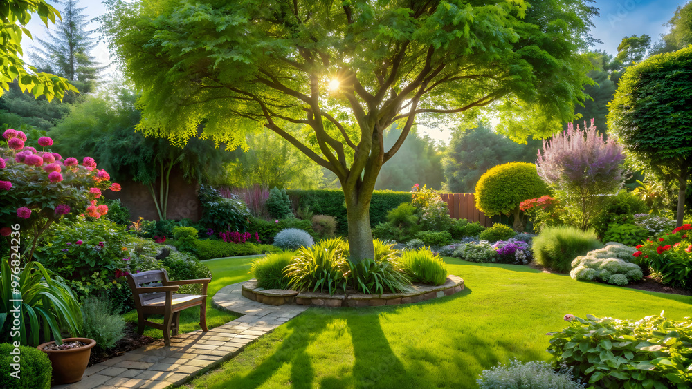 Tranquil garden with tree and various plants, garden, tree, plants, nature, outdoors, serene, peaceful, landscape Tranquil garden with tree and various plants, garden, tree, plants, nature, outdoors, serene, peaceful, landscape